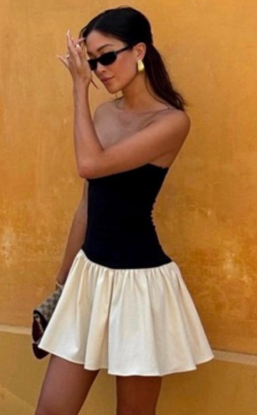 Arcina Ori Mini Dress Strapless Celine Black Bustier Khaki Flared Skirt Medium